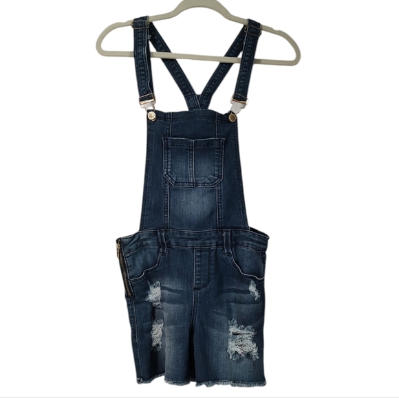 Bebe Blue Distressed Overalls shorts Size 26 - Picture 1 of 5